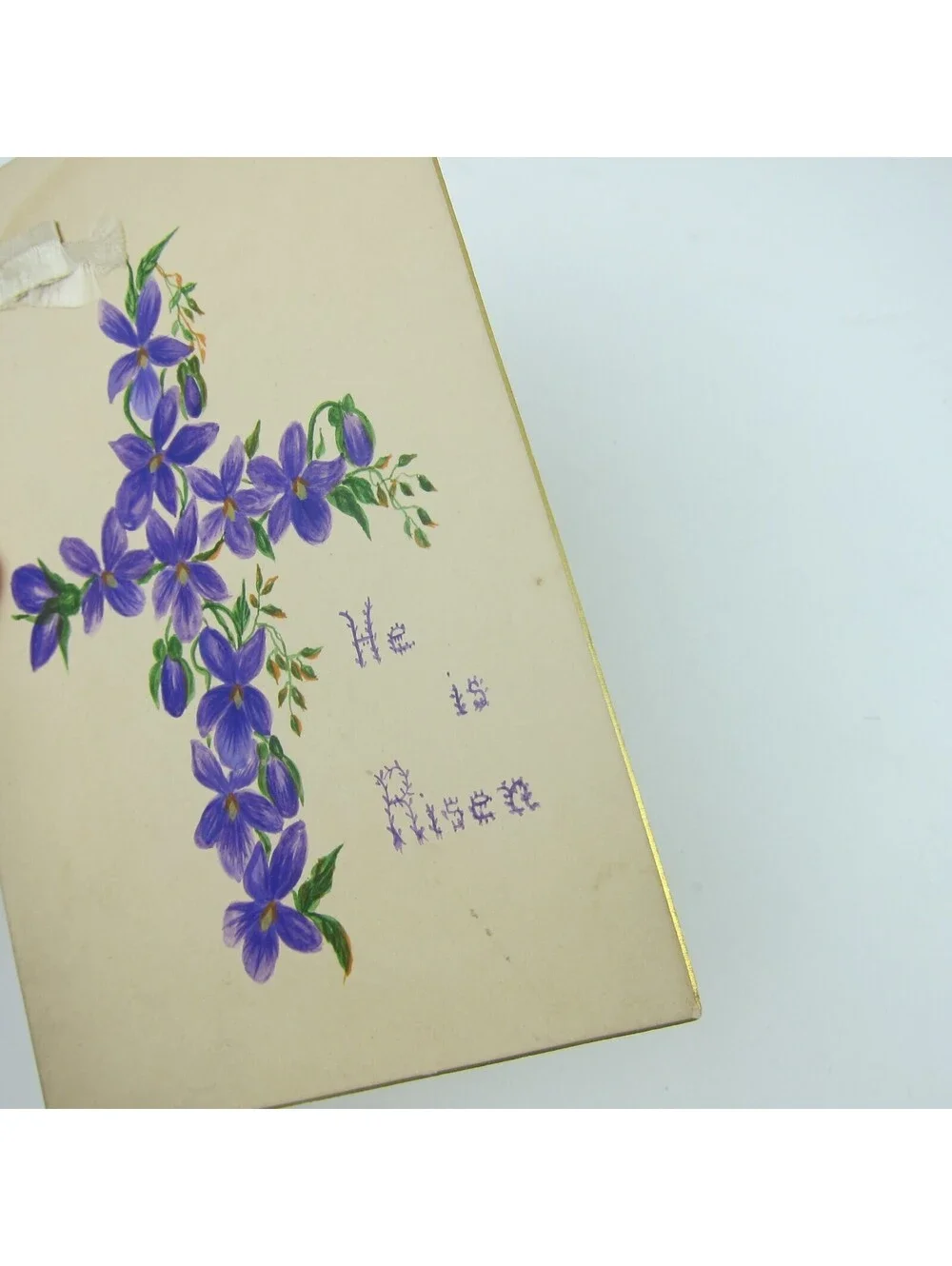 Victorian Greeting Card Easter Purple Flowers Christian Cross Ribbon Gold Edge